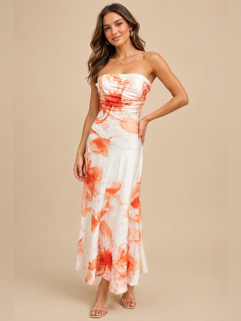 Paper Heart Cream Orange Floral Strapless Maxi Dress Size S